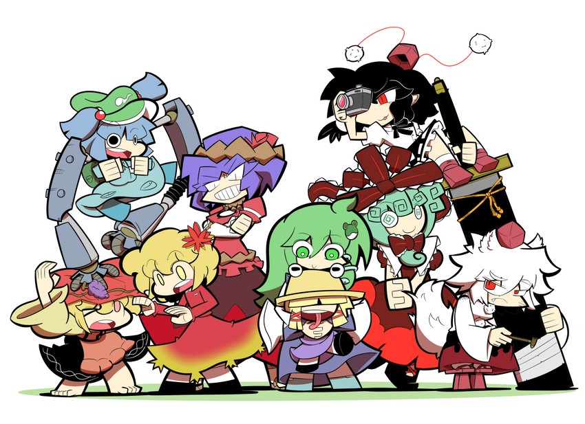 kochiya sanae, shameimaru aya, inubashiri momiji, moriya suwako, kawashiro nitori, and 4 more (touhou and 1 more) drawn by kuchibashi_(9180)