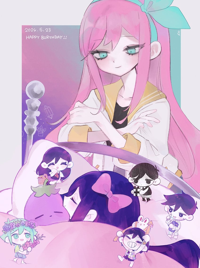 omori, aubrey, basil, mari, kel, and 3 more (omori) drawn by p0tatotat