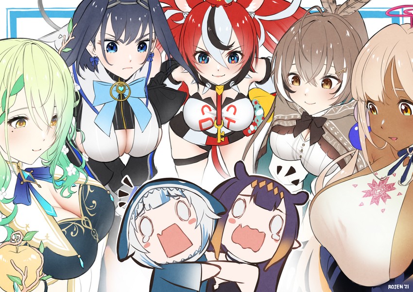 gawr gura, ninomae ina'nis, ouro kronii, nanashi mumei, hakos baelz, and 3 more (hololive and 1 more) drawn by rojen