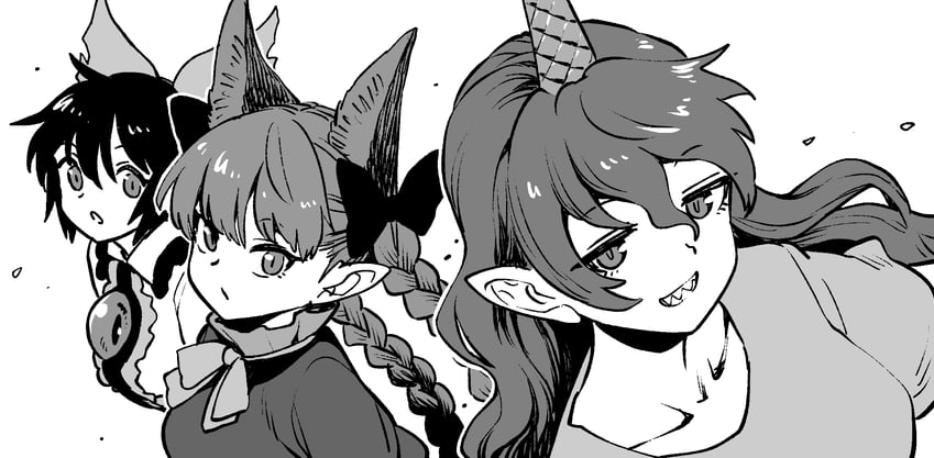kaenbyou rin, reiuji utsuho, and tenkajin chiyari (touhou) drawn by fuuzasa