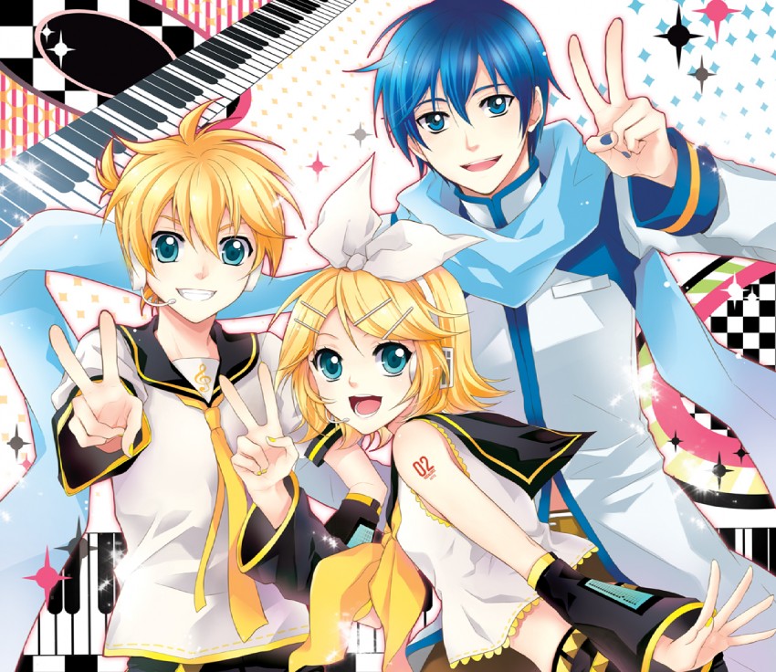 kagamine rin, kagamine len, and kaito (vocaloid) drawn by mca_(dessert_candy)
