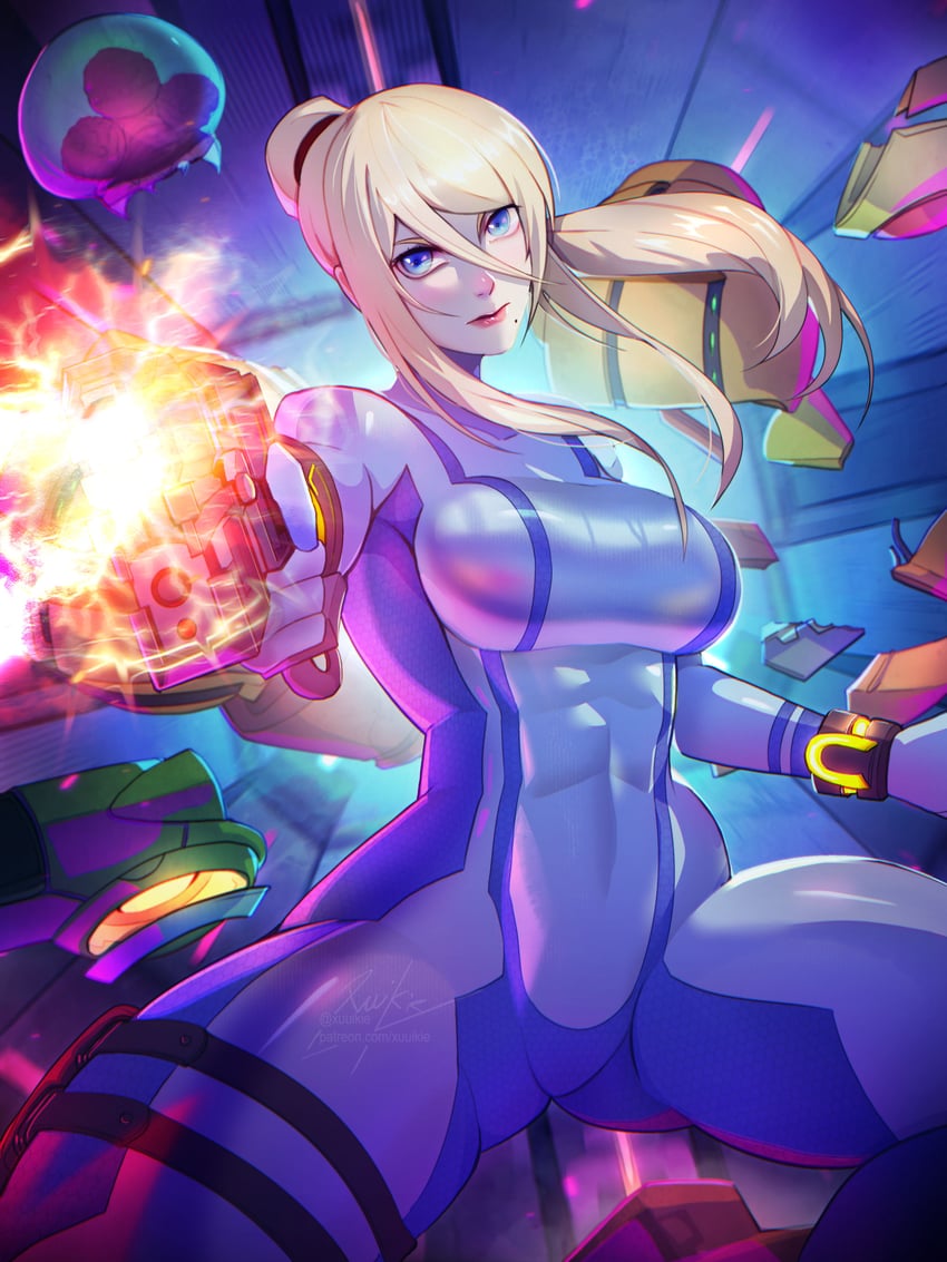 samus aran, metroid, and metroid larva (metroid) drawn by xuuikie_ashe