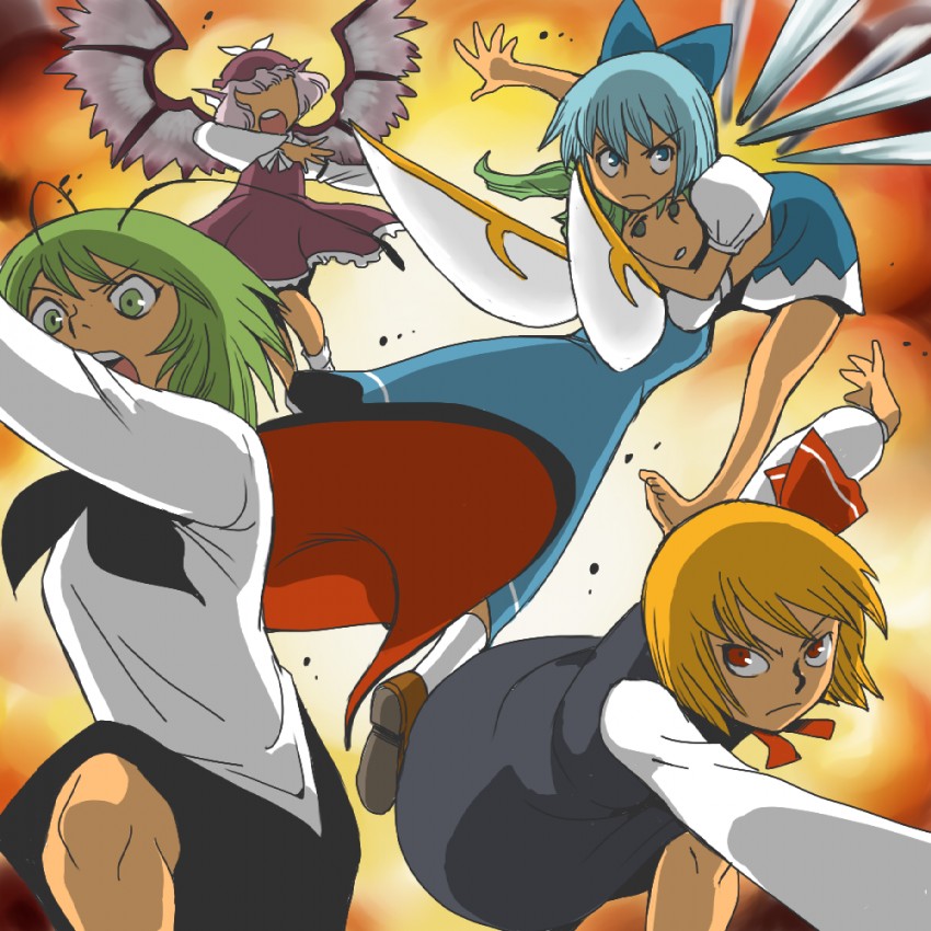 cirno, rumia, mystia lorelei, daiyousei, and wriggle nightbug (touhou) drawn by onikobe_rin