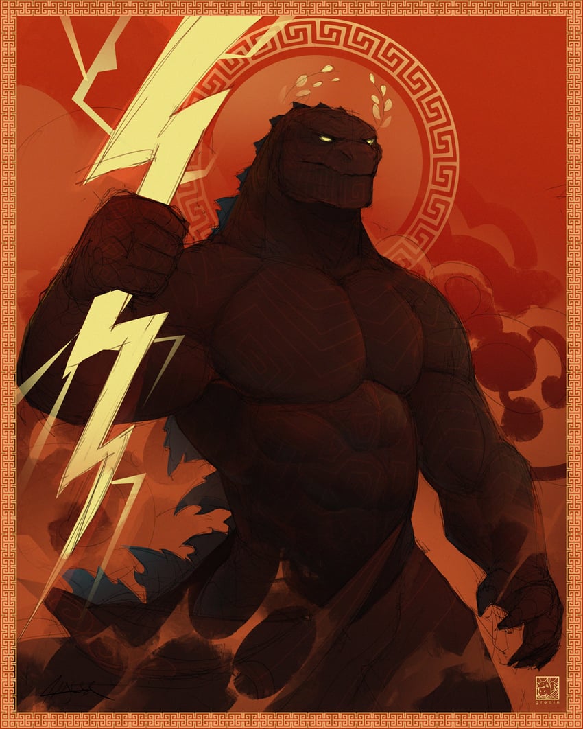 godzilla and zeuszilla (monsterverse and 2 more) drawn by greninjazz