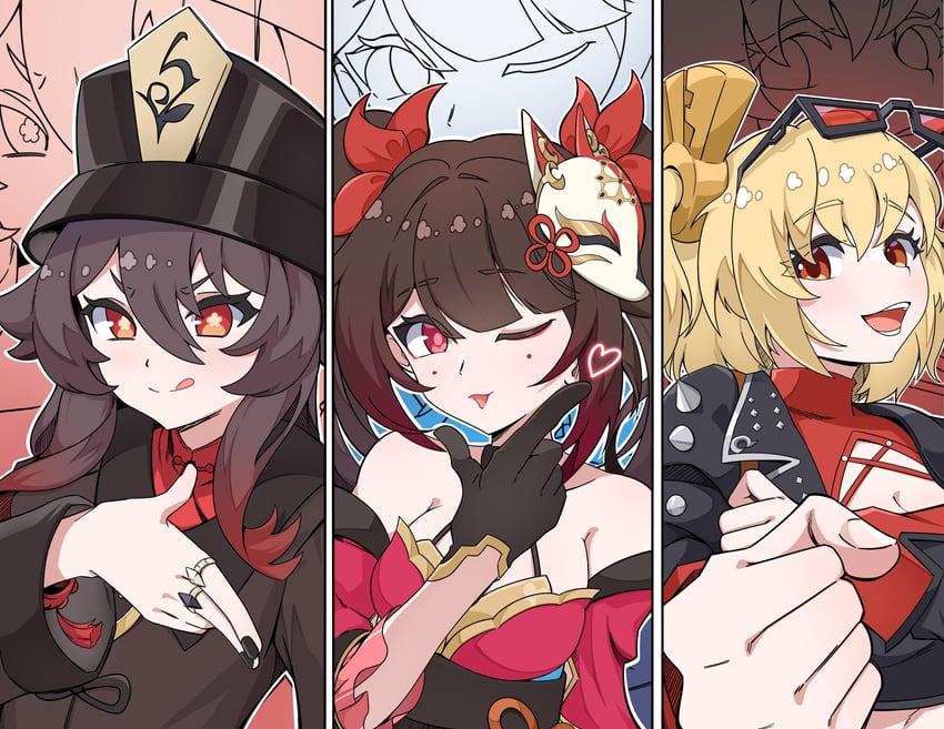 hu tao, sparkle, and burnice white (genshin impact and 5 more) drawn by driptaku