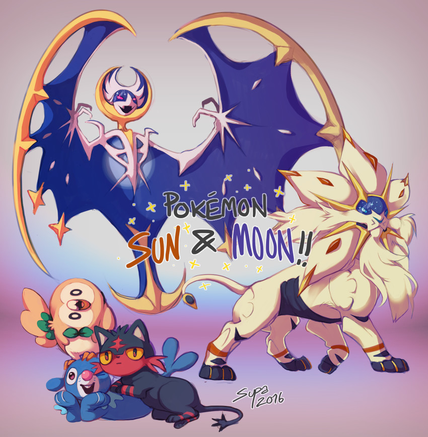 rowlet, popplio, litten, lunala, and solgaleo (pokemon) drawn by supario