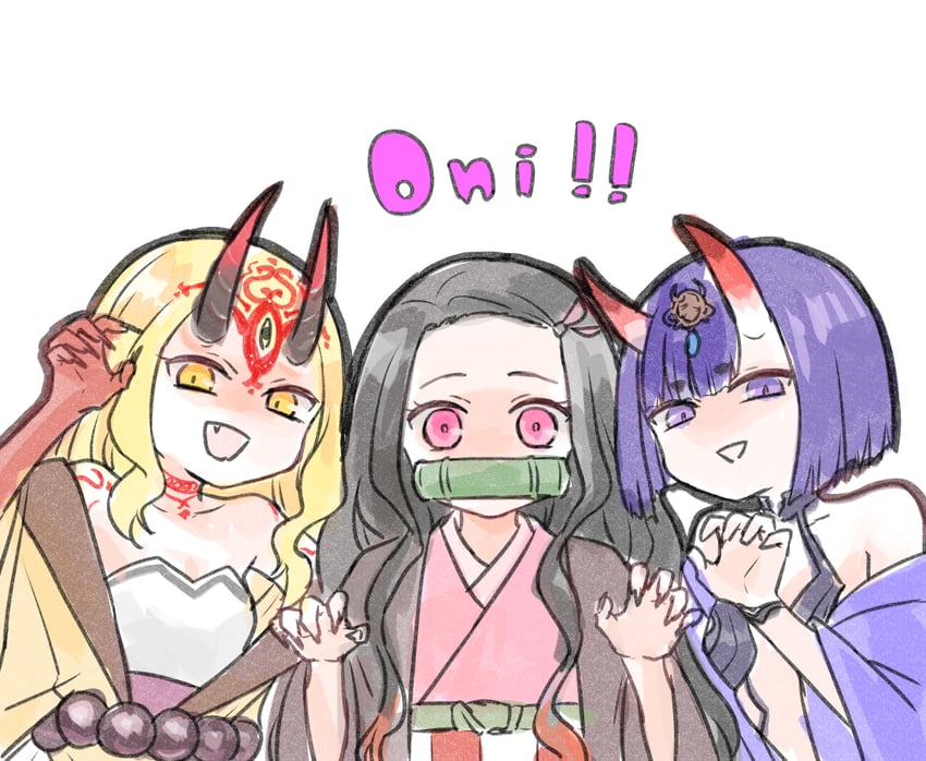 shuten douji, kamado nezuko, and ibaraki douji (fate and 2 more) drawn by himeko_(nico6v6pachi)