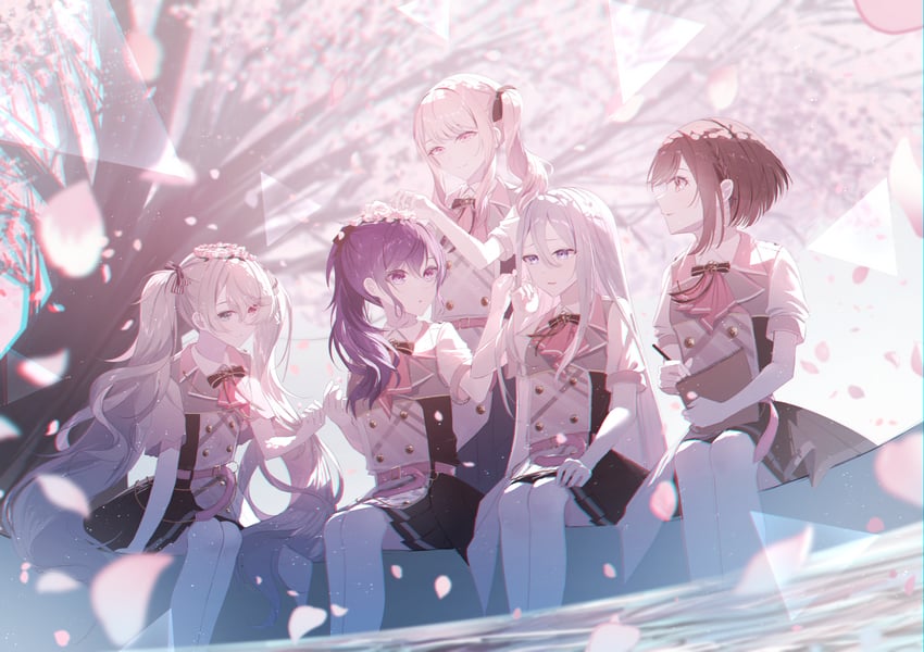 hatsune miku, asahina mafuyu, shinonome ena, akiyama mizuki, yoisaki kanade, and 1 more (vocaloid and 1 more) drawn by howless