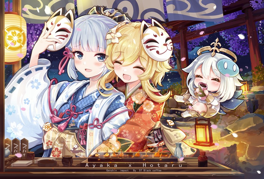 lumine, paimon, kamisato ayaka, and slime (genshin impact) drawn by st_black_coffee