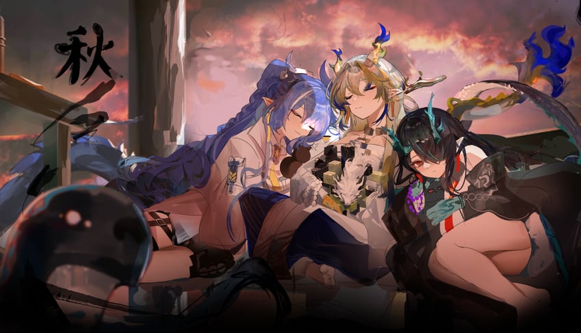 shu, dusk, ling, and bitey (arknights) drawn by ricefox_(nonametofu)