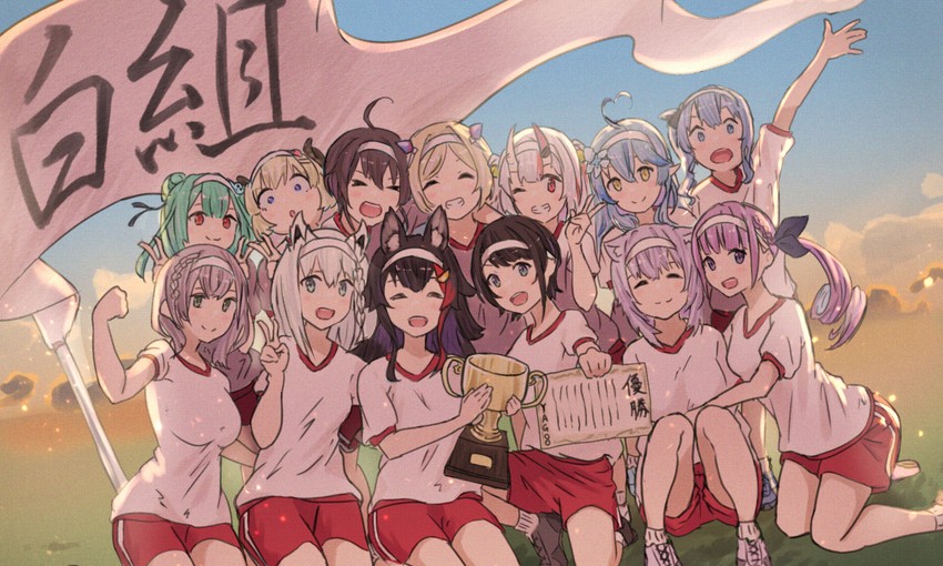 shirakami fubuki, hoshimachi suisei, nekomata okayu, minato aqua, ookami mio, and 8 more (hololive) drawn by uni_hand