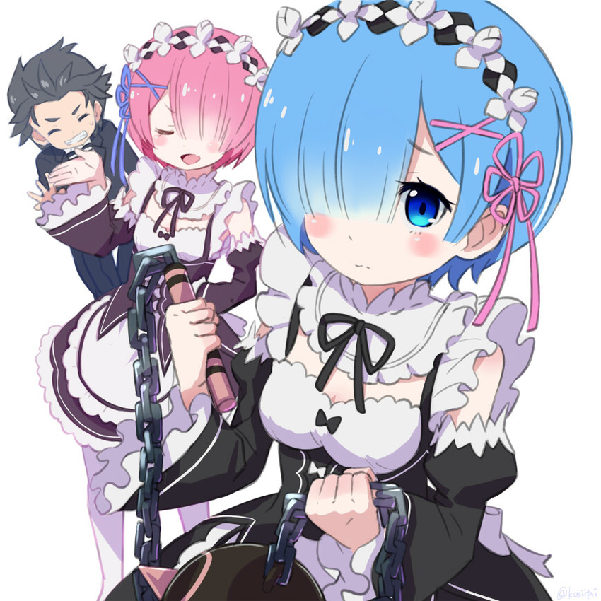 rem, ram, and natsuki subaru (re:zero kara hajimeru isekai seikatsu) drawn by kingin