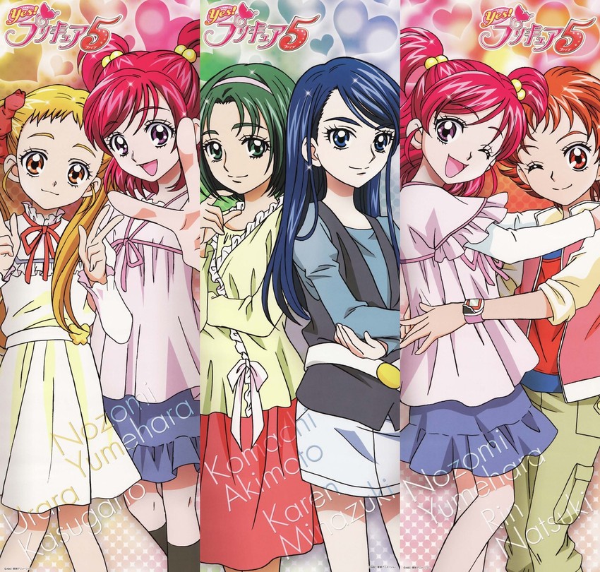 yumehara nozomi, minazuki karen, kasugano urara, akimoto komachi, and natsuki rin (precure and 1 more) drawn by kawamura_toshie
