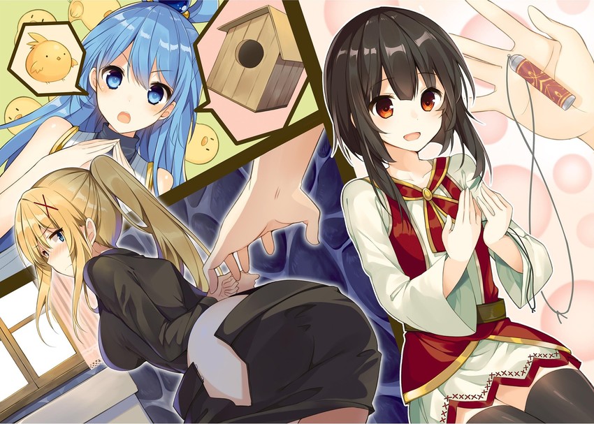 megumin, aqua, darkness, and emperor zel (kono subarashii sekai ni shukufuku wo!) drawn by mishima_kurone