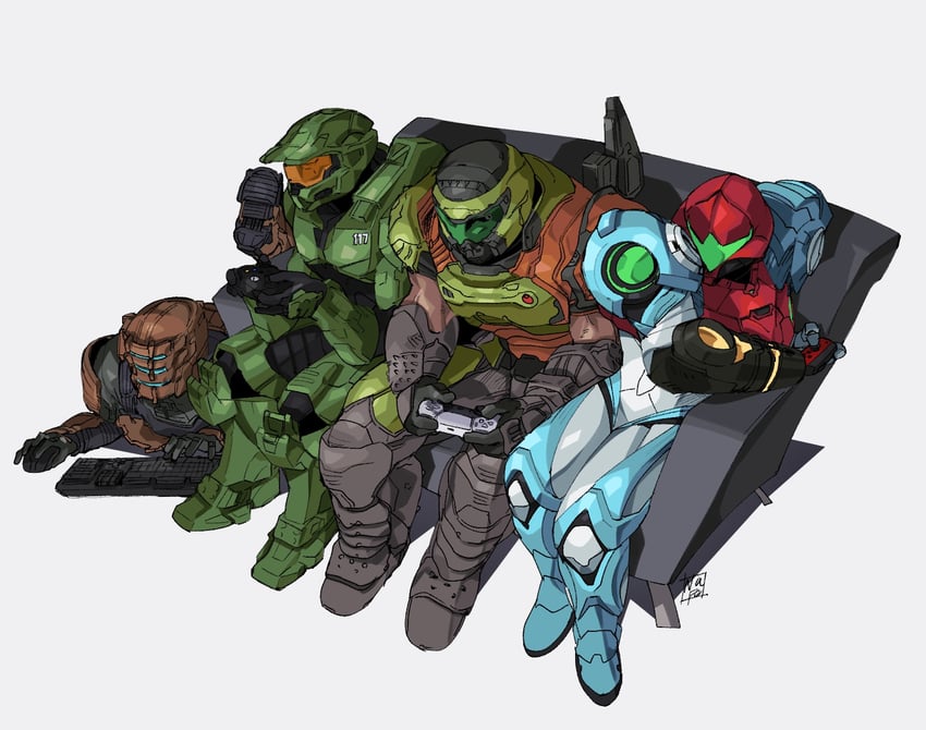 samus aran, doomguy, master chief, and isaac clarke (metroid and 5 more) drawn by nasutetsu