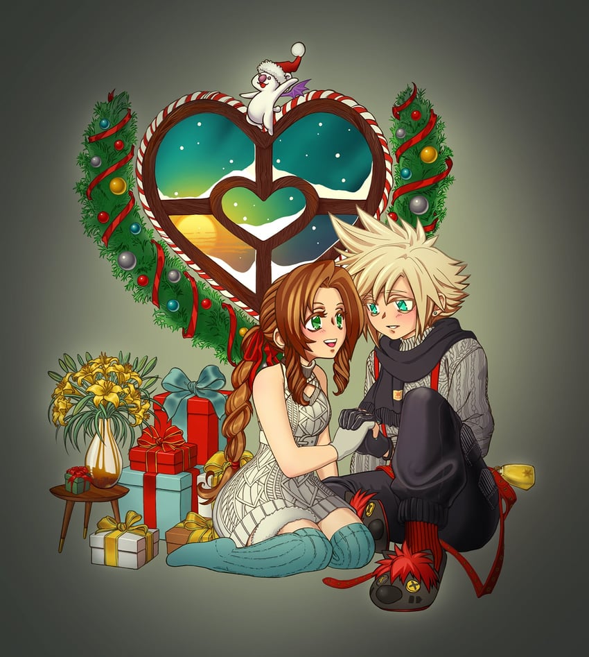 cloud strife, aerith gainsborough, moogle, and red xiii (final fantasy and 2 more) drawn by herzenreine