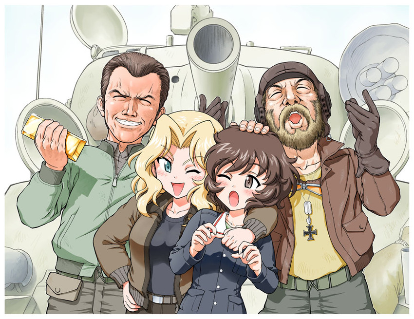 akiyama yukari, kay, clint eastwood, sergeant oddball, donald sutherland, and 1 more (girls und panzer and 1 more) drawn by kumazura_chuu