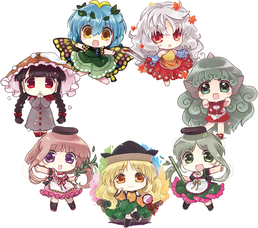 matara okina, komano aunn, eternity larva, nishida satono, teireida mai, and 2 more (touhou and 1 more) drawn by biyon
