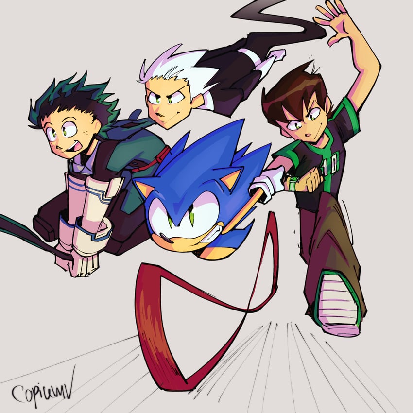 midoriya izuku, sonic the hedgehog, ben tennyson, and danny phantom (boku no hero academia and 3 more) drawn by copium_v