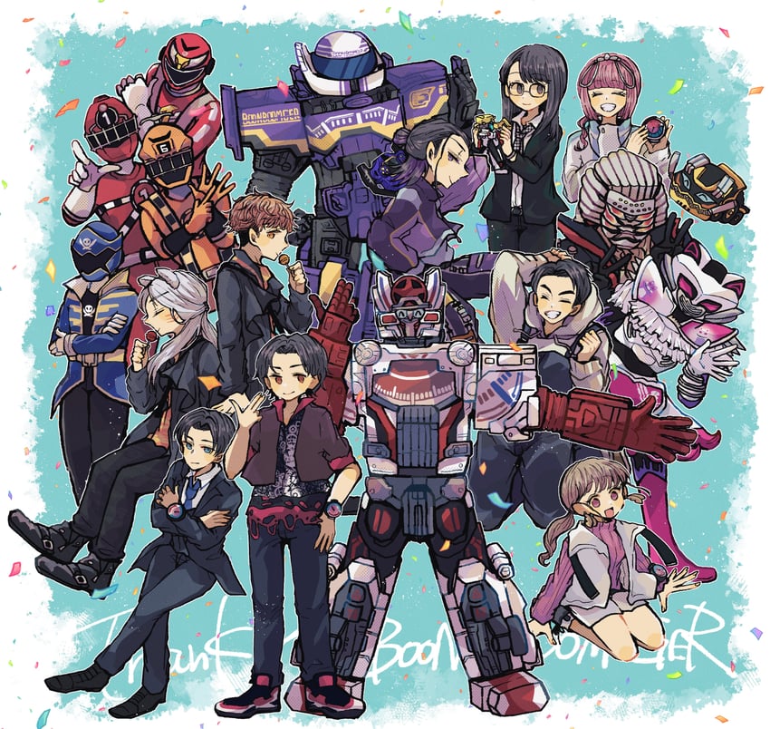 hando taiya, bureki genba, shifuto mira, homura sakito, akuse jou, and 11 more (super sentai and 4 more) drawn by mitani01