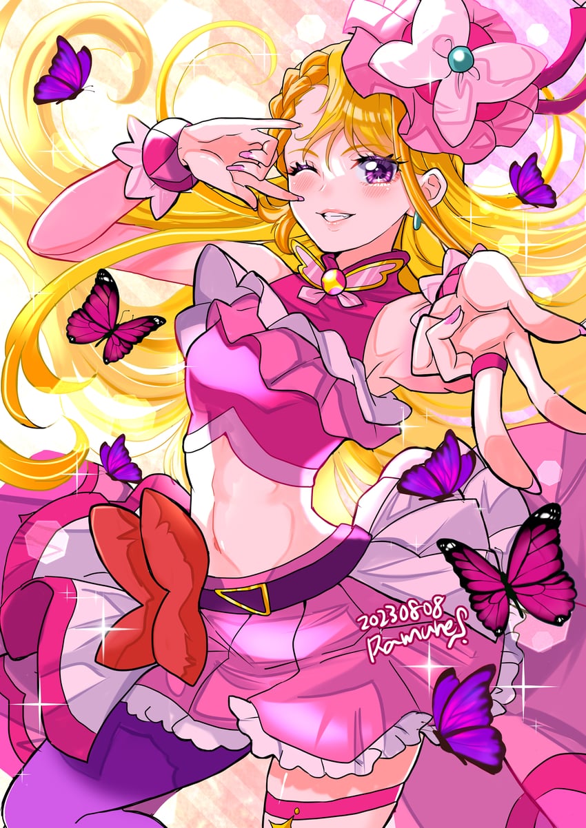hijiri ageha and cure butterfly (precure and 1 more) drawn by satou_ramune