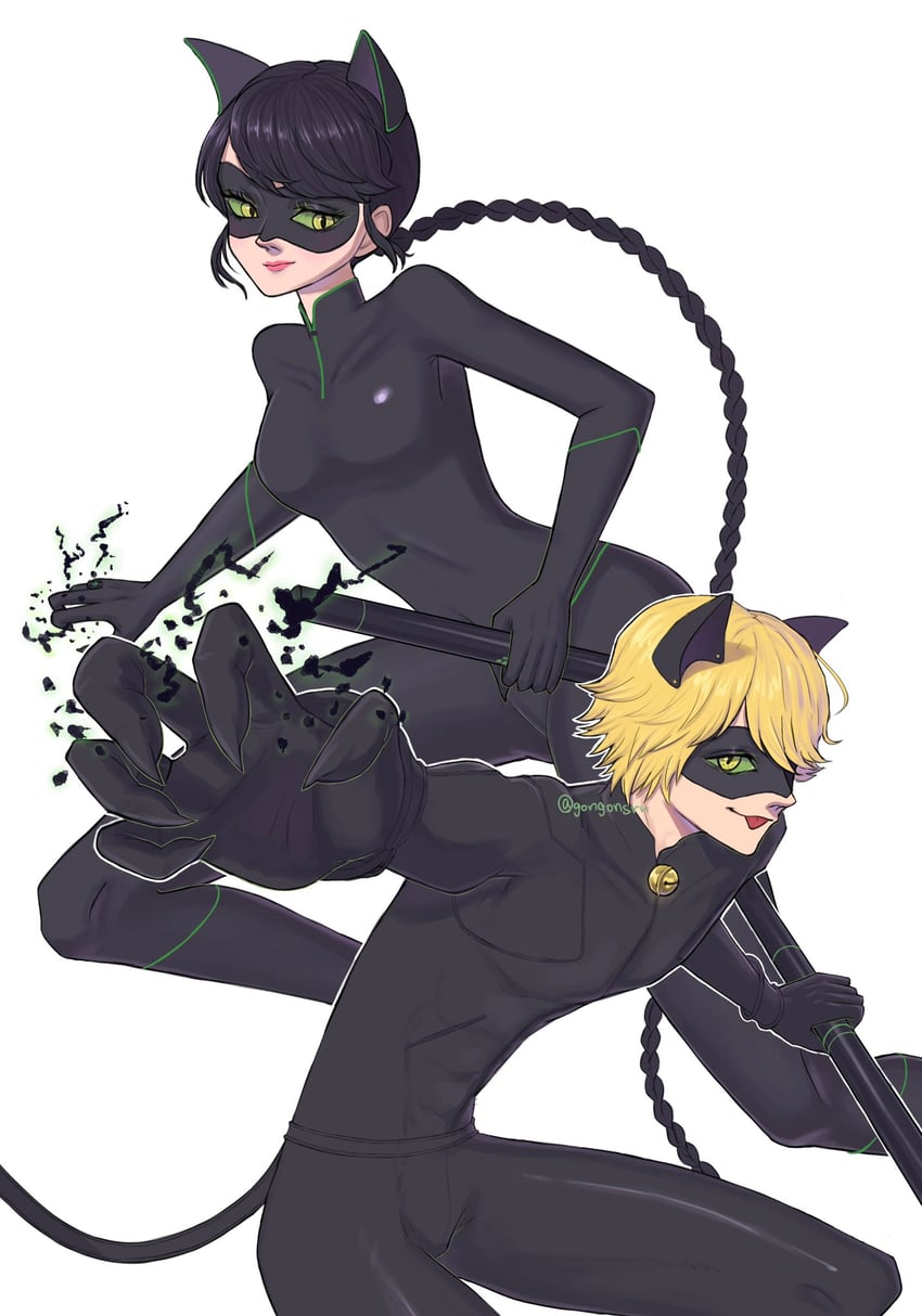 marinette dupain-cheng, adrien agreste, chat noir, and lady noir (miraculous ladybug) drawn by gongonsrr