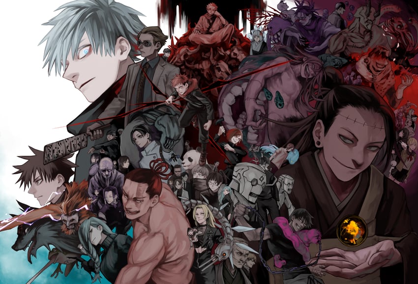 gojou satoru, itadori yuuji, fushiguro megumi, kugisaki nobara, getou suguru, and 48 more (jujutsu kaisen) drawn by nakano_(2_mannaka)