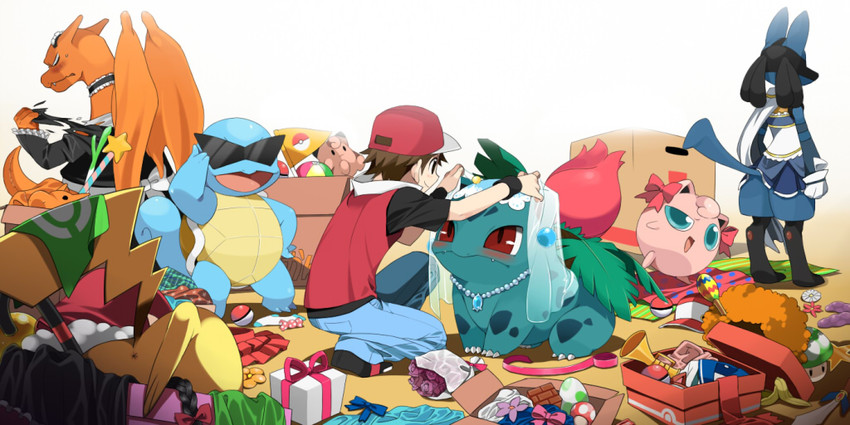 miki sayaka, pikachu, red, charizard, lucario, and 4 more (pokemon and 5 more) drawn by agemono