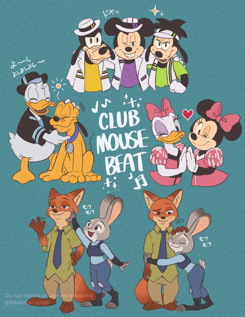 mickey mouse, minnie mouse, donald duck, judy hopps, nick wilde, and 3 more (mickey mouse & friends and 5 more) drawn by takatmaorange
