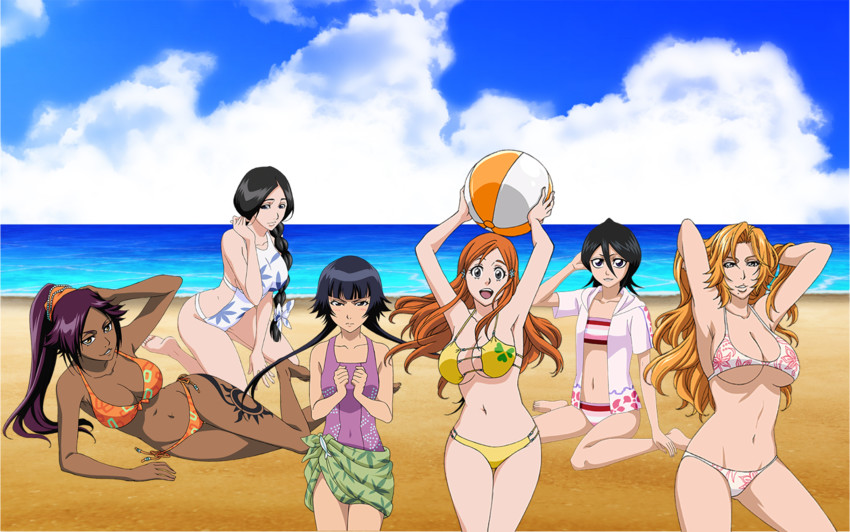 kuchiki rukia, shihouin yoruichi, inoue orihime, matsumoto rangiku, sui-feng, and 1 more (bleach)