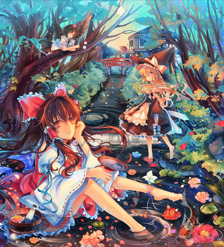 hakurei reimu, kirisame marisa, yakumo yukari, and shameimaru aya (touhou) drawn by kirero