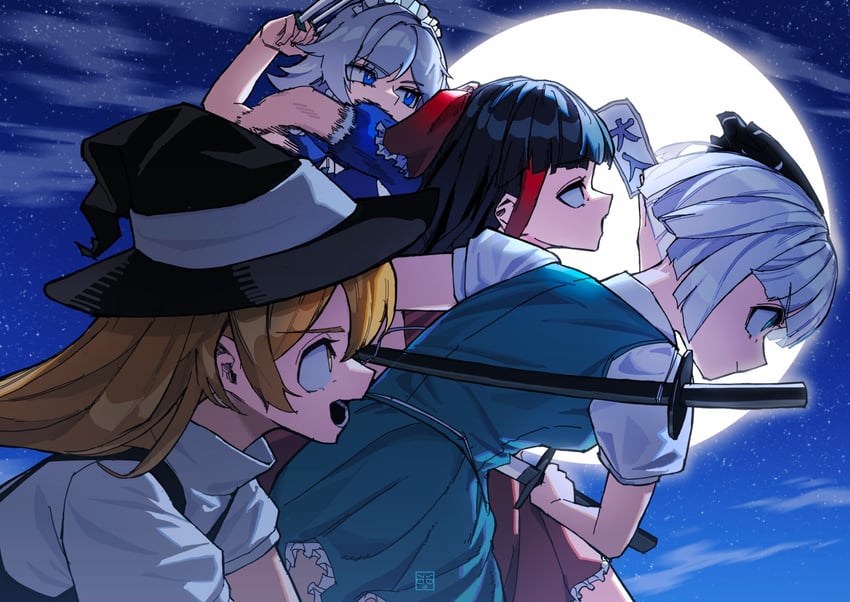 hakurei reimu, kirisame marisa, izayoi sakuya, and konpaku youmu (touhou) drawn by blast-7
