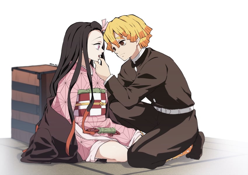 kamado nezuko and agatsuma zenitsu (kimetsu no yaiba) drawn by pori_(kmt_pori)