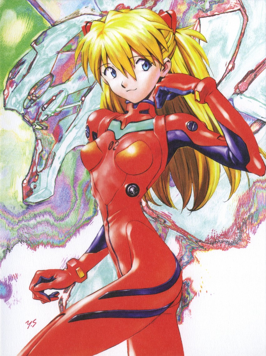 souryuu asuka langley and eva 02 (neon genesis evangelion) drawn by sadamoto_yoshiyuki