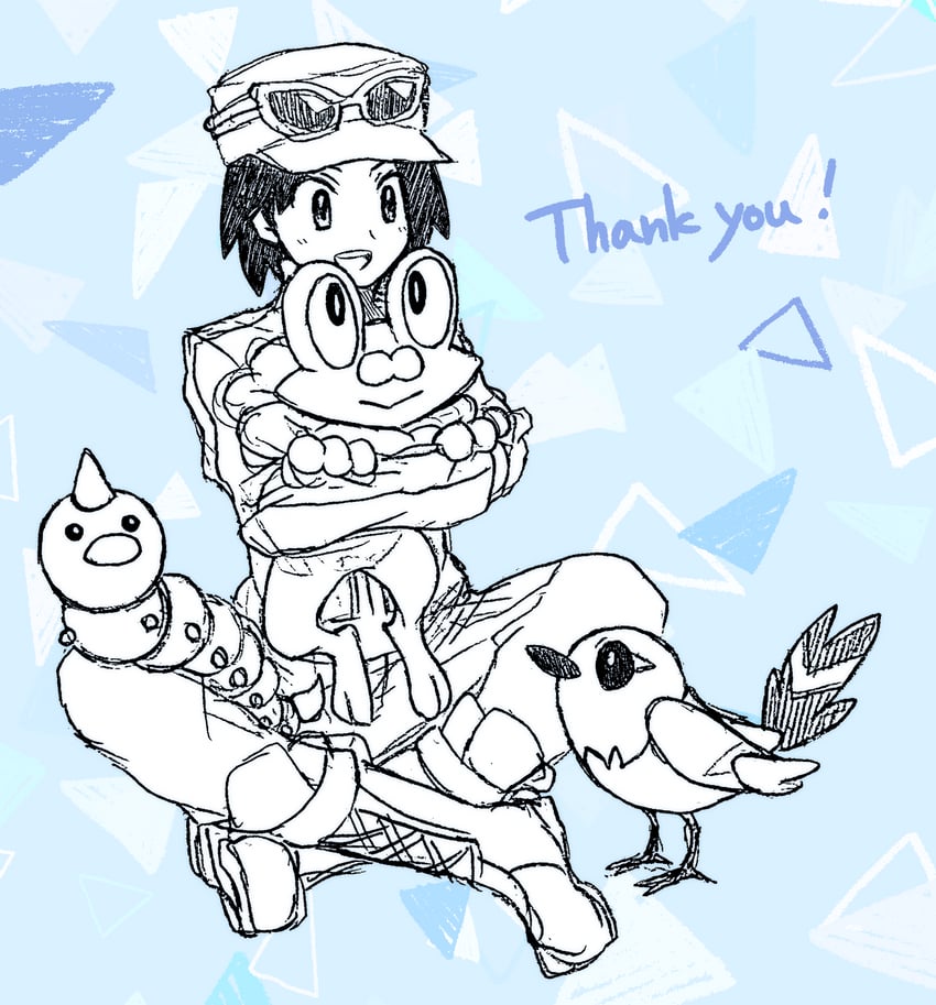 calem, froakie, fletchling, and weedle (pokemon and 1 more) drawn by sabi_(sb_bstr)