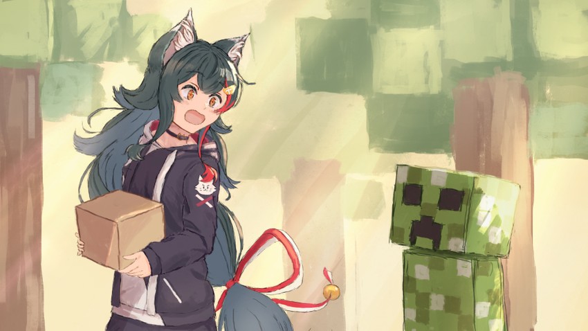 ookami mio and creeper (hololive and 1 more) drawn by neko_no_hoppe