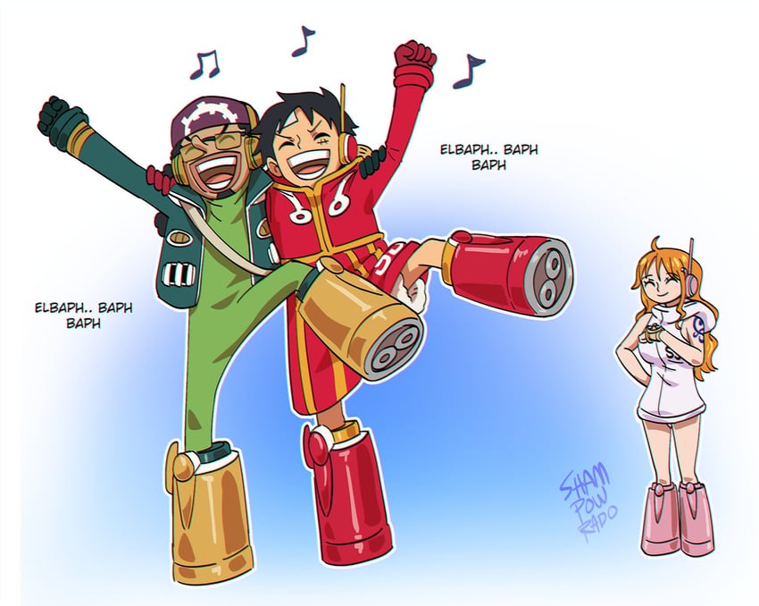 nami, monkey d. luffy, and usopp (one piece) drawn by shampowrado