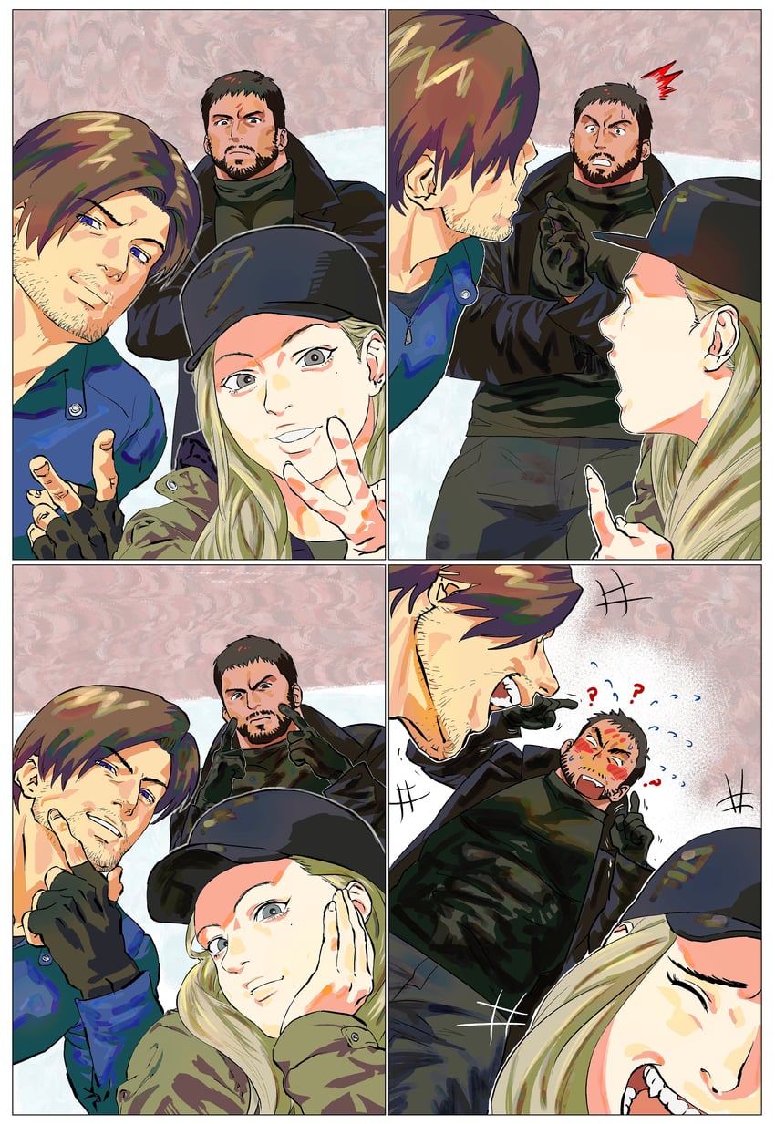 leon s. kennedy, chris redfield, and rosemary winters (resident evil and 1 more) drawn by 123456dyom
