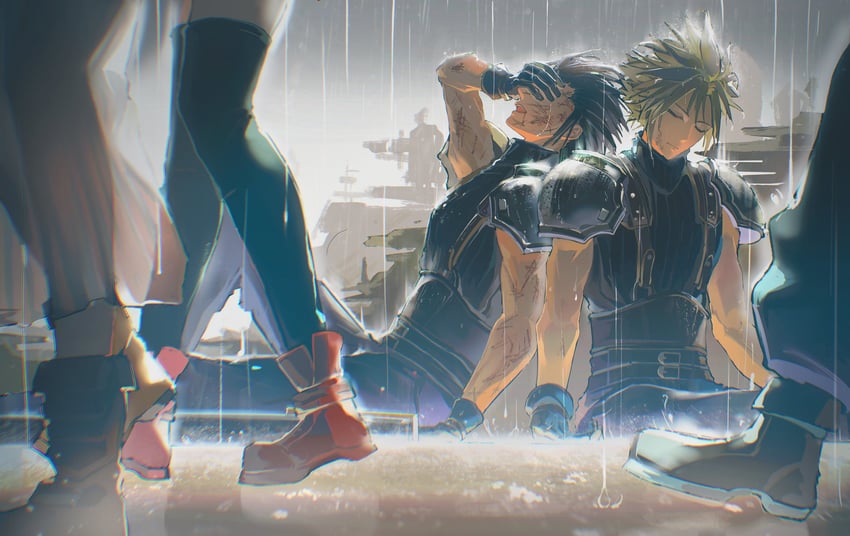 tifa lockhart, cloud strife, aerith gainsborough, and zack fair (final fantasy and 2 more) drawn by unnik