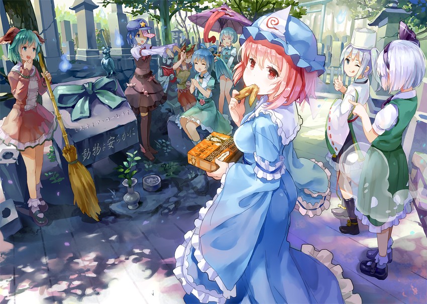 konpaku youmu, saigyouji yuyuko, tatara kogasa, mystia lorelei, mononobe no futo, and 5 more (touhou and 1 more) drawn by 77gl