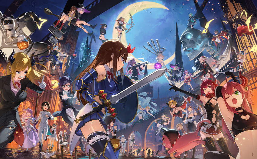 gawr gura, houshou marine, shirakami fubuki, hoshimachi suisei, mori calliope, and 52 more (hololive and 2 more) drawn by hara_kenshi