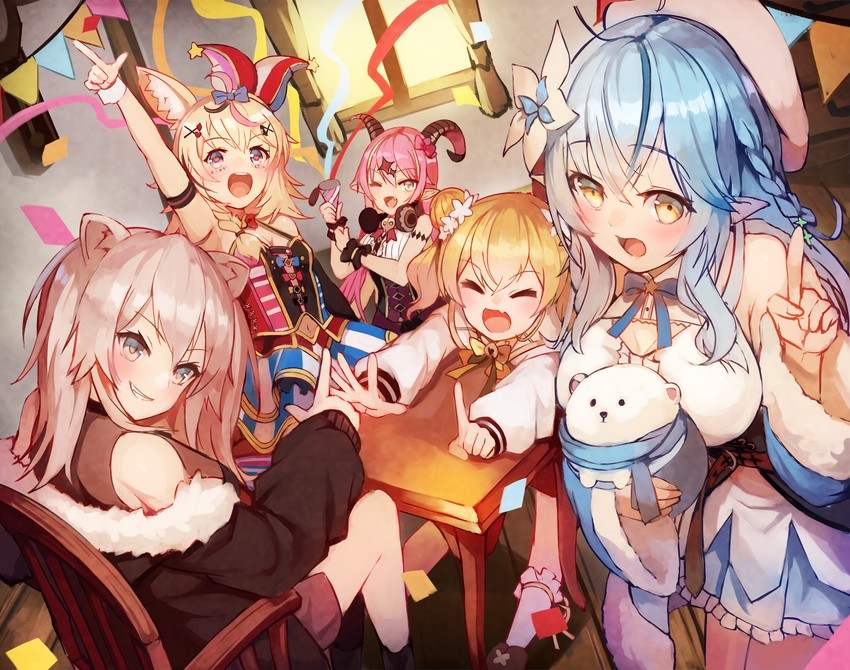 yukihana lamy, shishiro botan, omaru polka, momosuzu nene, daifuku, and 1 more (hololive) drawn by sue_(bg-bros)