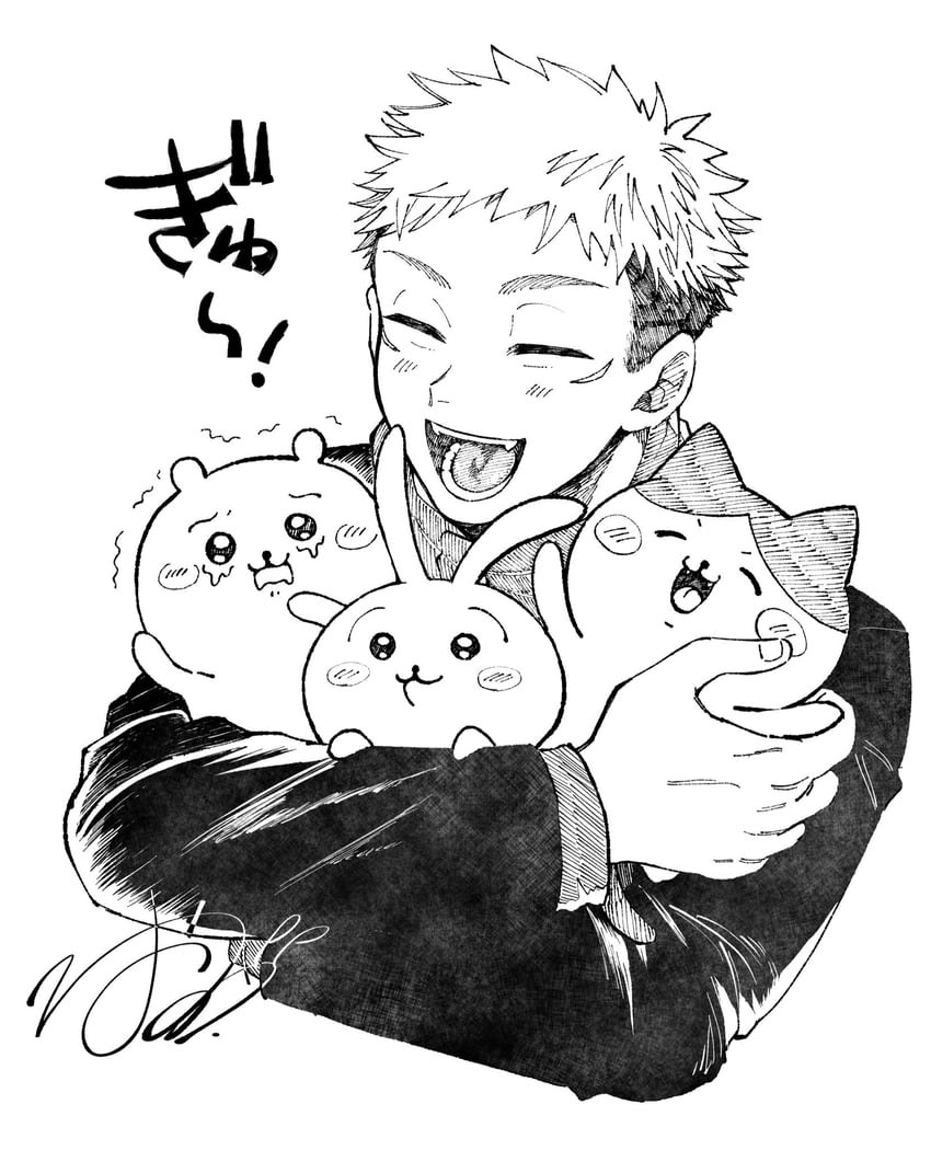 itadori yuuji, chiikawa, hachiware, and usagi (jujutsu kaisen and 1 more) drawn by pretty_tumuc