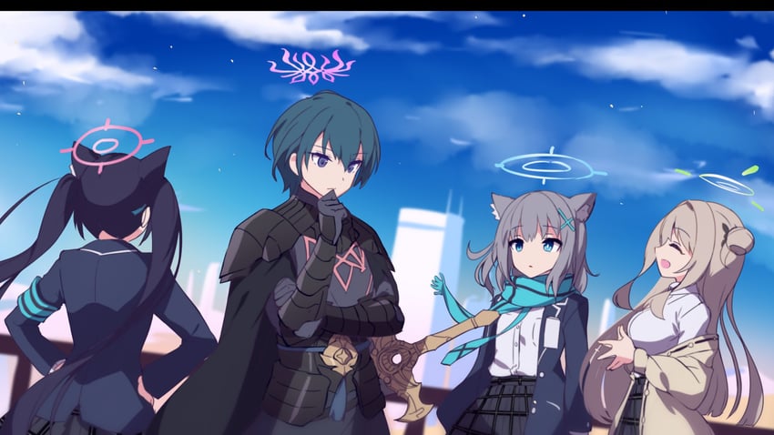 shiroko, nonomi, serika, and male byleth (blue archive and 2 more) drawn by mild_(trmsasasa)