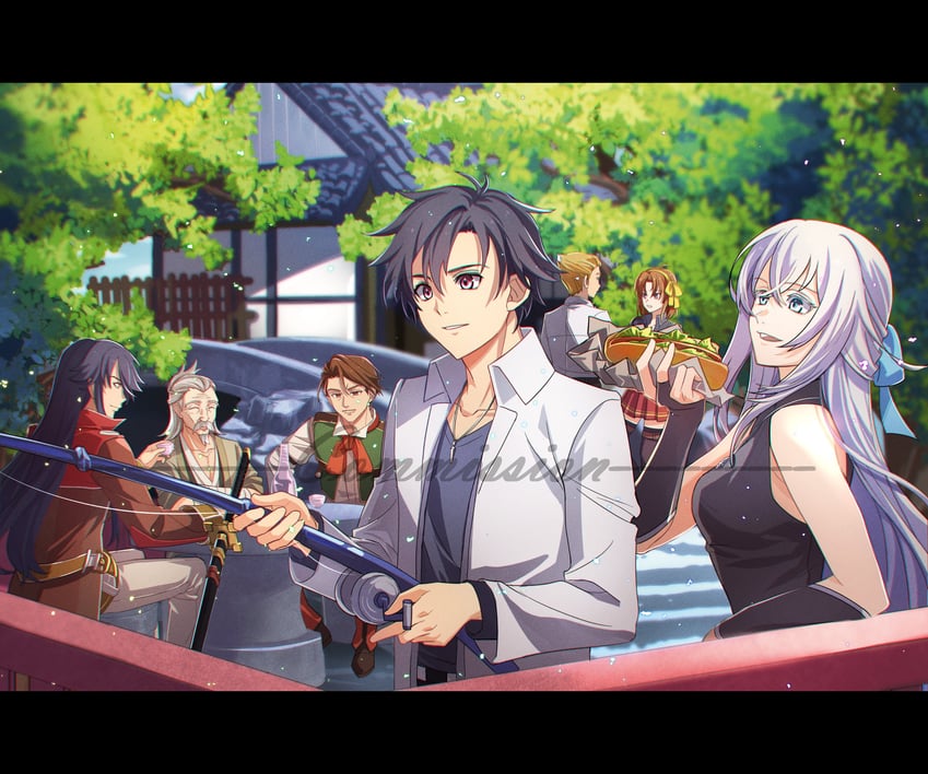 rean schwarzer, shizuna rem misurugi, anelace elfead, arios maclaine, alan richard, and 2 more (eiyuu densetsu and 7 more) drawn by yakiniku9