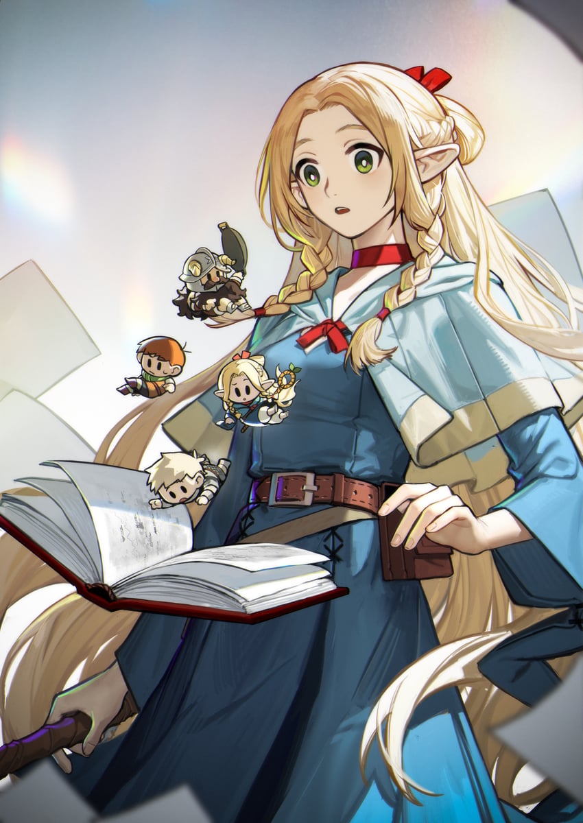 marcille donato, laios touden, senshi, and chilchuck tims (dungeon meshi) drawn by five-fall