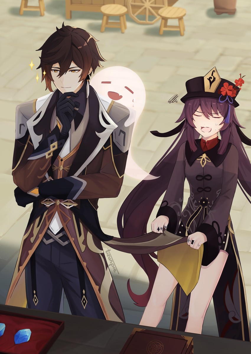 hu tao, zhongli, and boo tao (genshin impact) drawn by tzunpie
