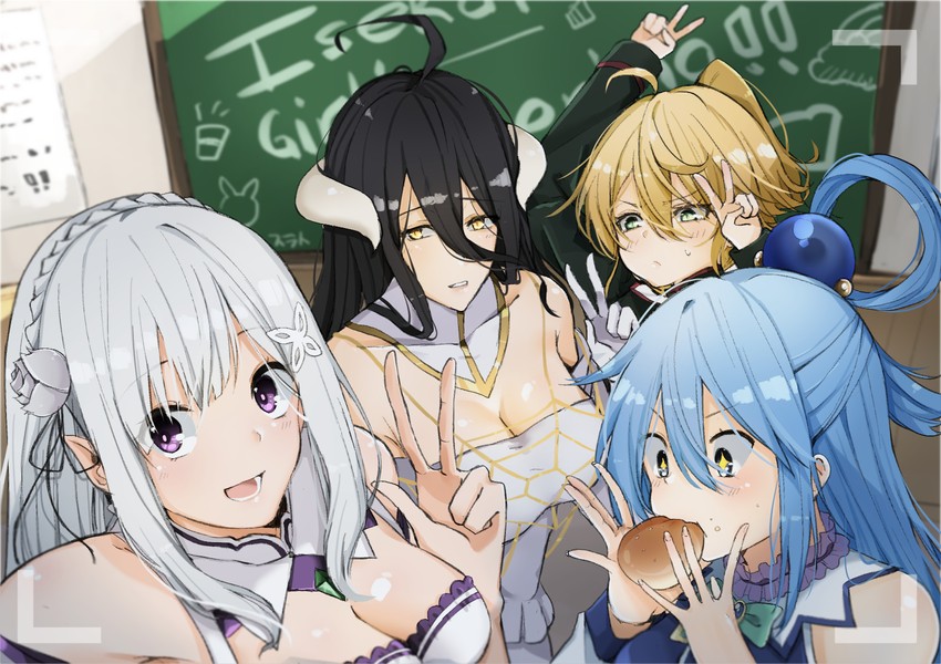 aqua, emilia, albedo, and tanya degurechaff (kono subarashii sekai ni shukufuku wo! and 4 more) drawn by surato