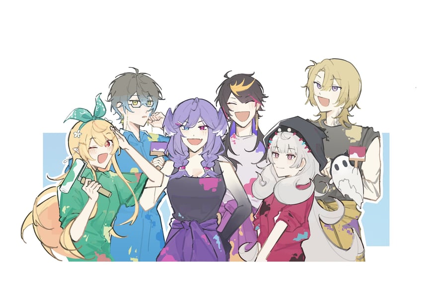 selen tatsuki, pomu rainpuff, ike eveland, luca kaneshiro, reimu endou, and 1 more (nijisanji and 1 more) drawn by qiu_0602