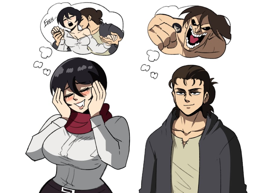 mikasa ackerman, eren yeager, titan, and rogue titan (shingeki no kyojin) drawn by tina_fate